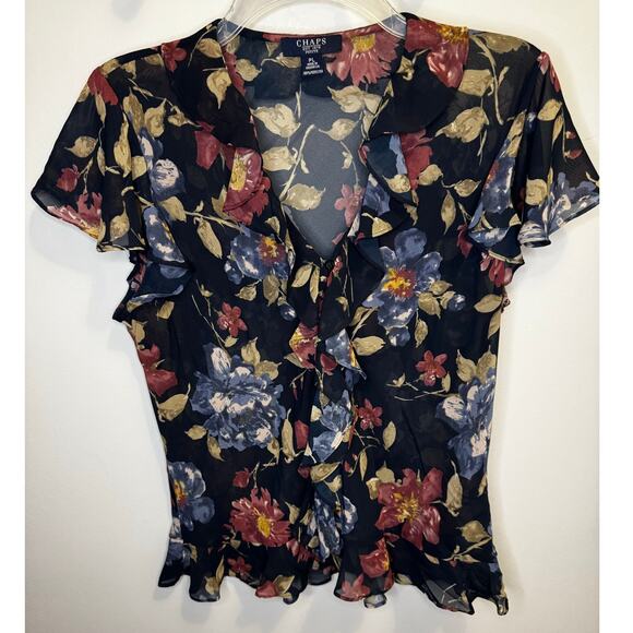 CHAPS floral button up blouse PETITE LARGE semi sheer peplum v neck cap sleeve - Picture 9 of 10